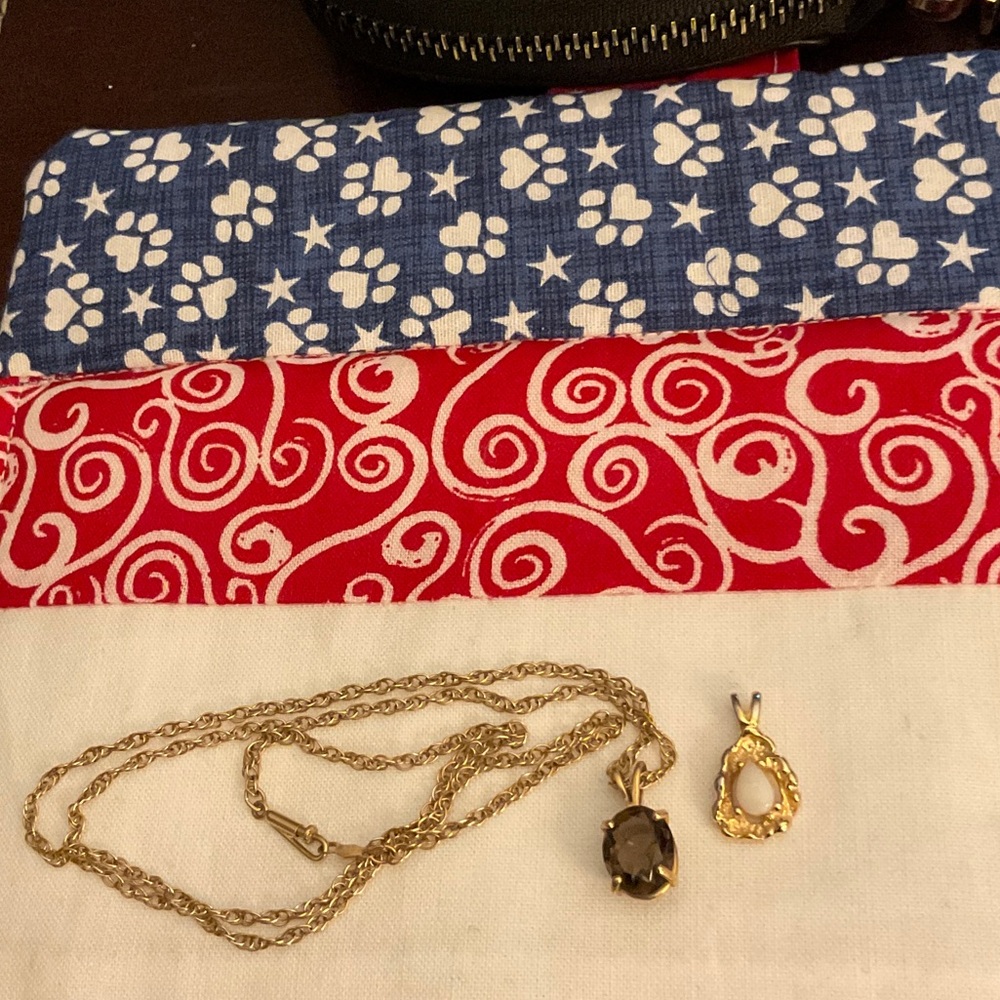 Gold Tone Pendant Necklace with Smoky Brown Gem & Gold Opal Charm.